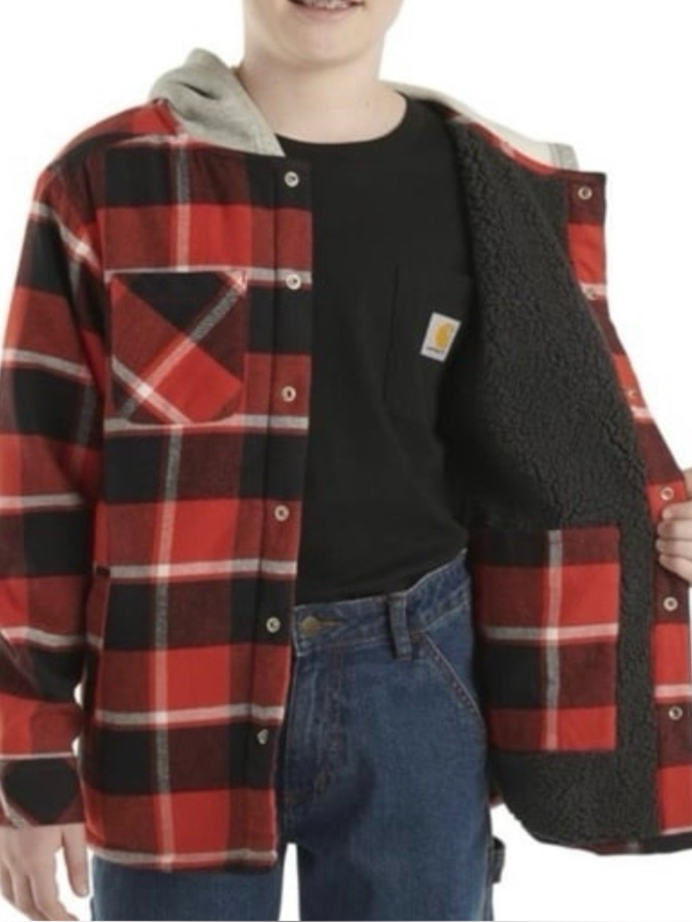 Carhartt  Long Sleeve Flannel Button Down Hooded Lined Shirt Jacket Youth XL New